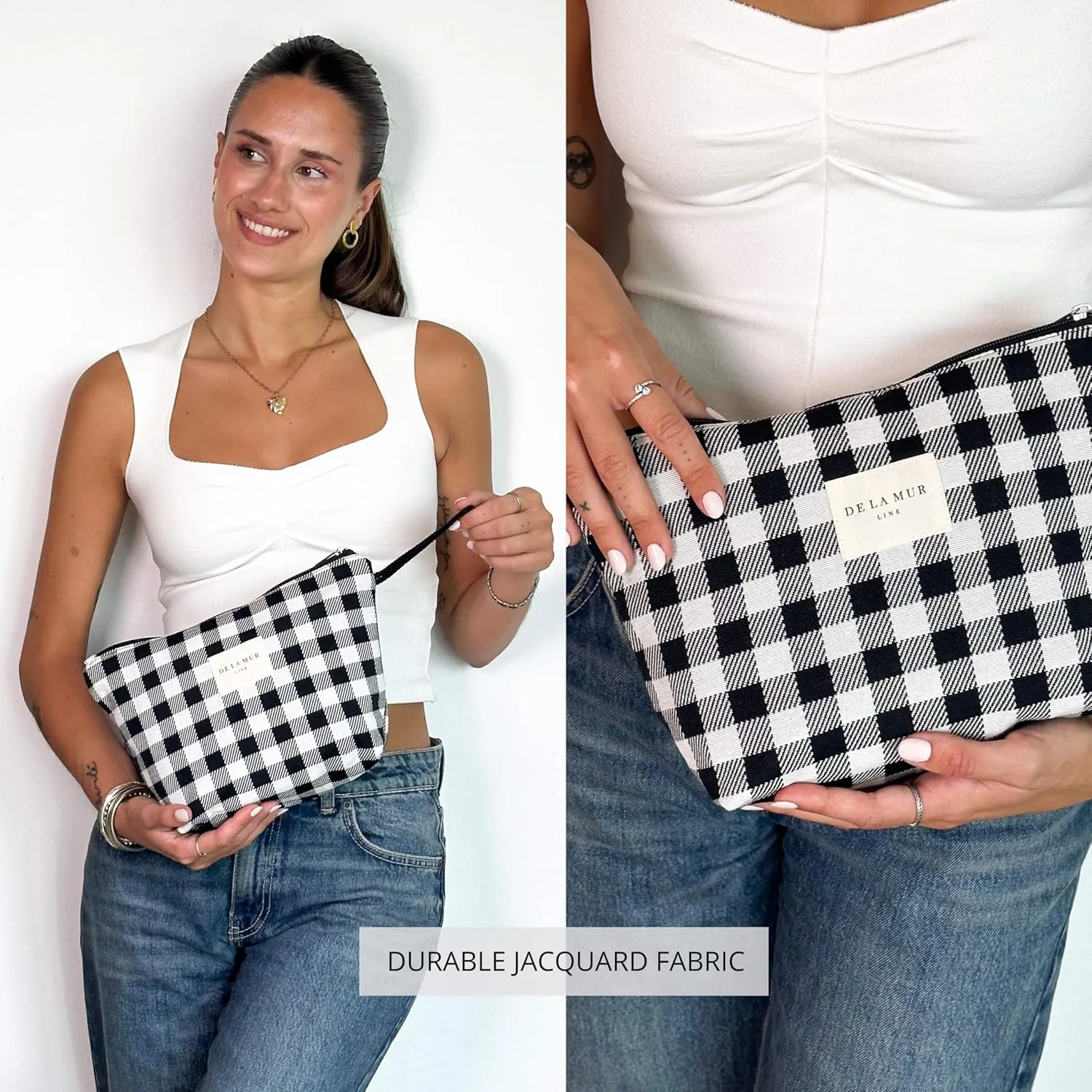 Large Checkered Travel Makeup Bag for Women – Black & White Cosmetic Organizer for Toiletries, Skincare & Beauty – Durable Travel Size Toiletry Pouch – Made in Barcelona, Spain