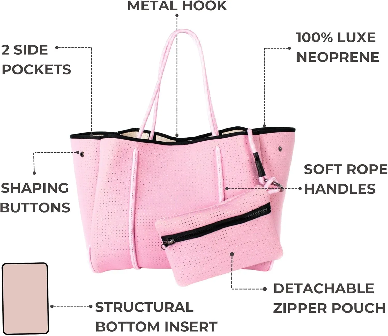 Large Neoprene Tote Bag for Women - Everyday Designer Handbag for Travel Work and Beach with Pockets and Zipper Pouch
