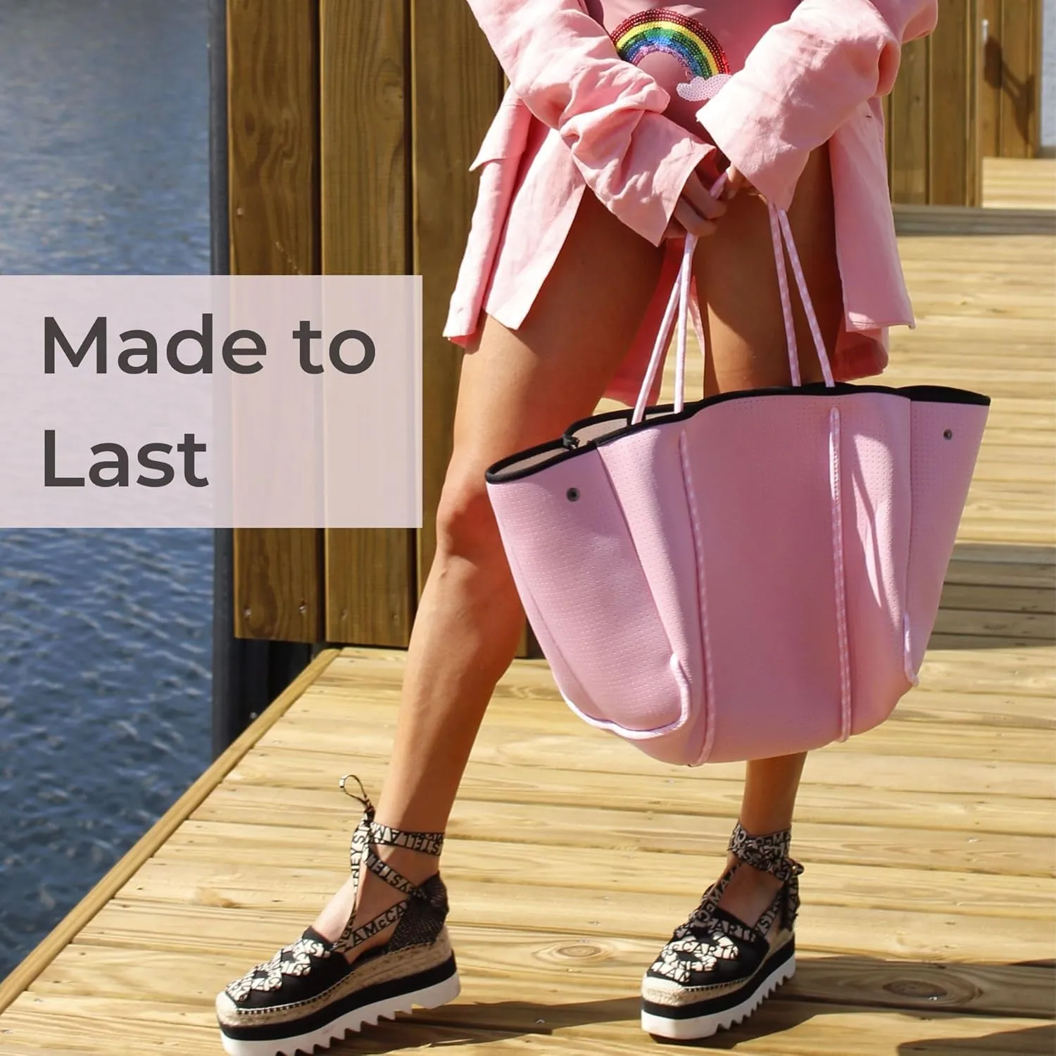 Large Neoprene Tote Bag for Women - Everyday Designer Handbag for Travel Work and Beach with Pockets and Zipper Pouch