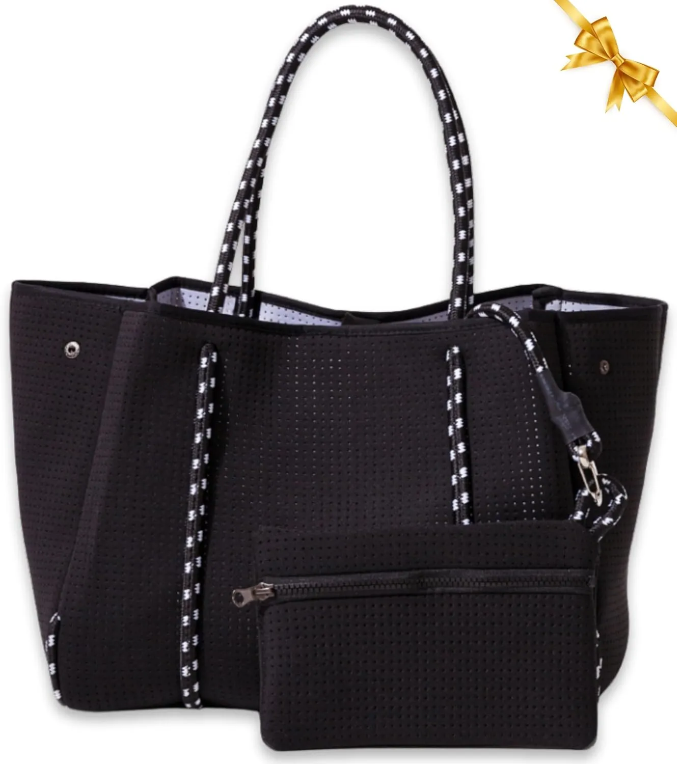Large Neoprene Tote Bag for Women - Everyday Designer Handbag for Travel Work and Beach with Pockets and Zipper Pouch