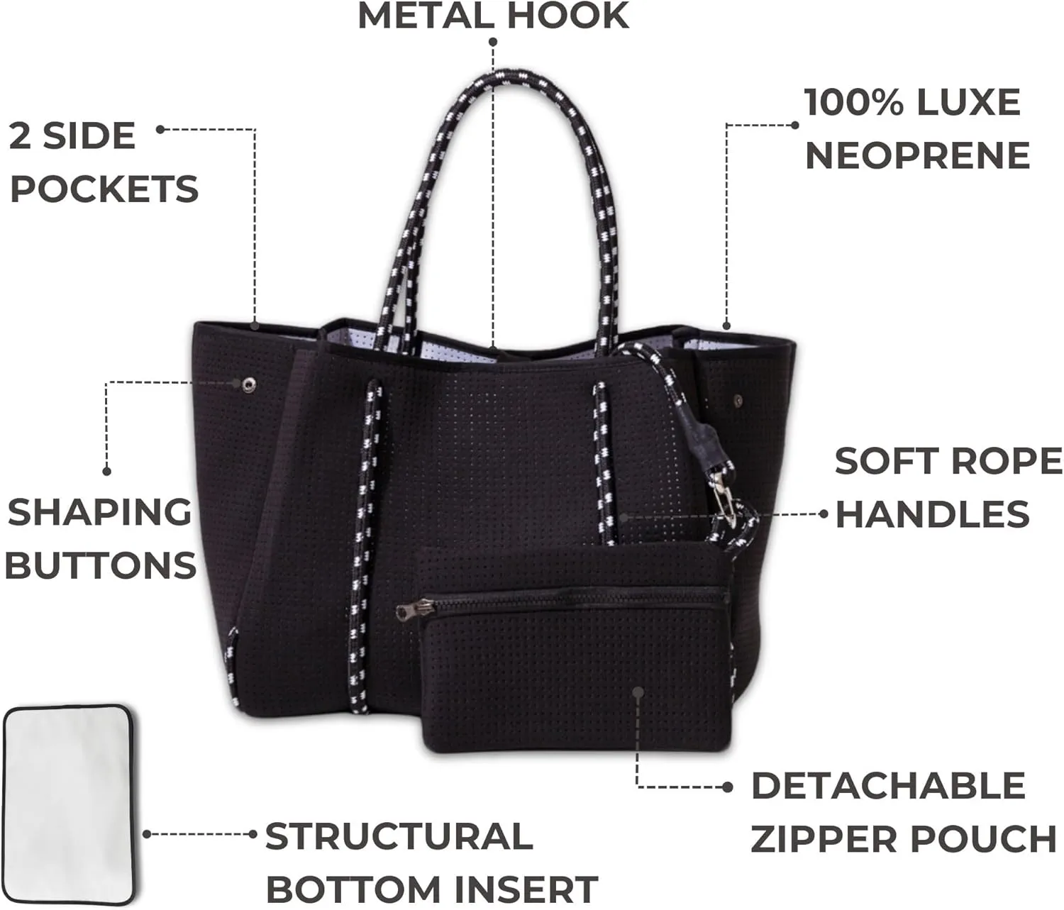 Large Neoprene Tote Bag for Women - Everyday Designer Handbag for Travel Work and Beach with Pockets and Zipper Pouch