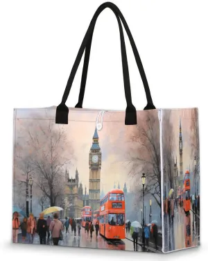Large Travel Utility Tote Bag for Women Reusable Shopping Bags with Handles Aesthetic Bolsos Para Mujeres Cute Canvas Bag for Beach School Work Grocery London Street Car Oil Painting