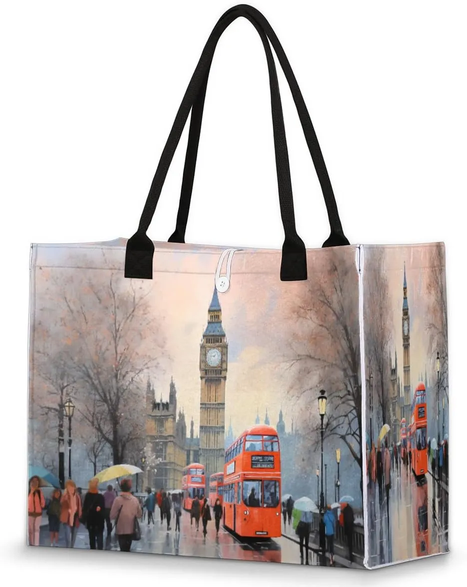 Large Travel Utility Tote Bag for Women Reusable Shopping Bags with Handles Aesthetic Bolsos Para Mujeres Cute Canvas Bag for Beach School Work Grocery London Street Car Oil Painting