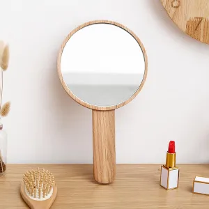 Large Wooden Handheld Mirror – Vanity Round Mirror with Handle, Hand Mirror Hand Held HD Mirror for Travel, Bathroom, Desk, Makeup, Beauty, Grooming, Shaving, 6" W x 11.4" L