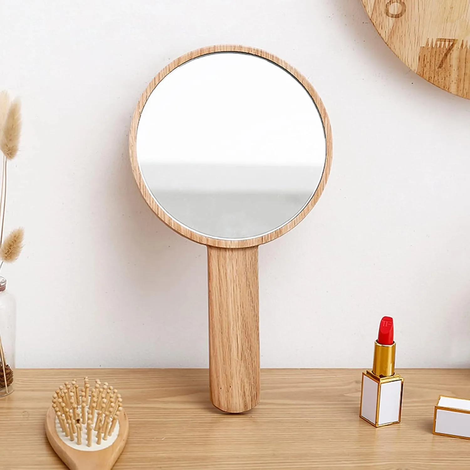 Large Wooden Handheld Mirror – Vanity Round Mirror with Handle, Hand Mirror Hand Held HD Mirror for Travel, Bathroom, Desk, Makeup, Beauty, Grooming, Shaving, 6" W x 11.4" L