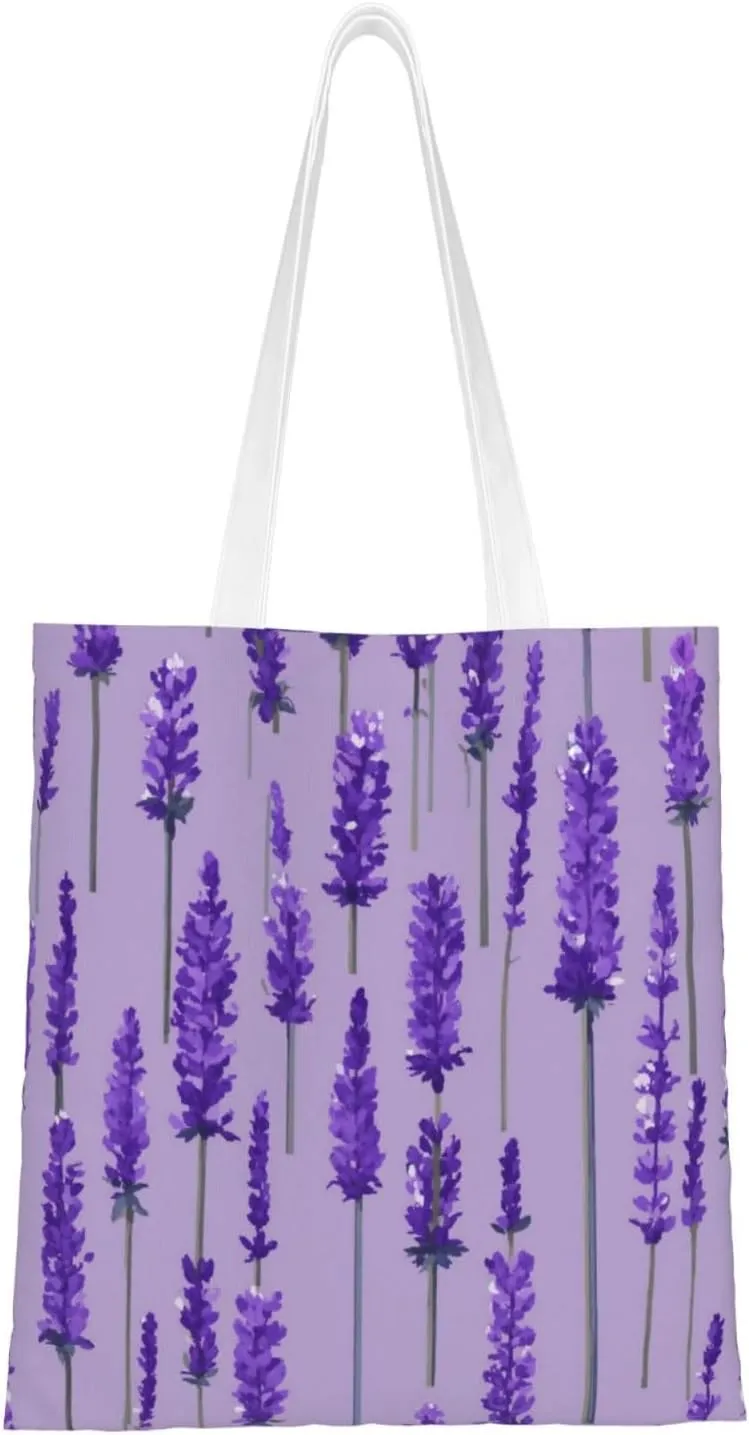 Lavender Stamp Print Reusable Shoulder Bag Totes Bag for Vacation Shopping Grocery Gym Fabric Bag Tote