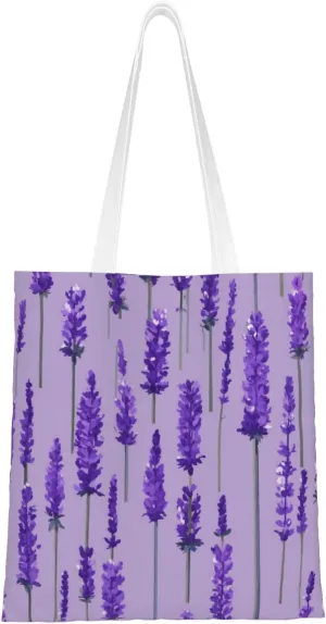 Lavender Stamp Print Reusable Shoulder Bag Totes Bag for Vacation Shopping Grocery Gym Fabric Bag Tote