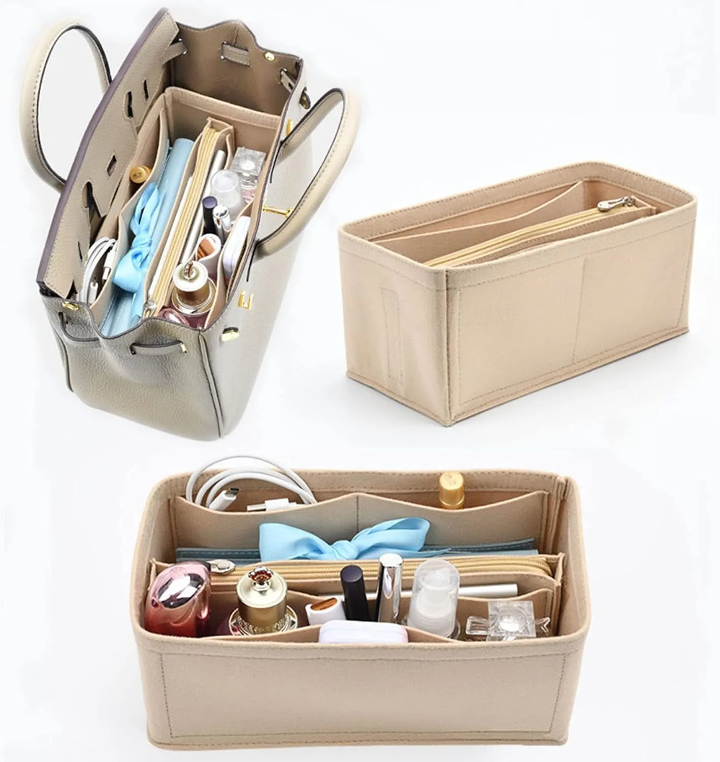 Lckaey Purse Organizer for Hermes birkin 25 bags Felt organizer insert Y013beige-S