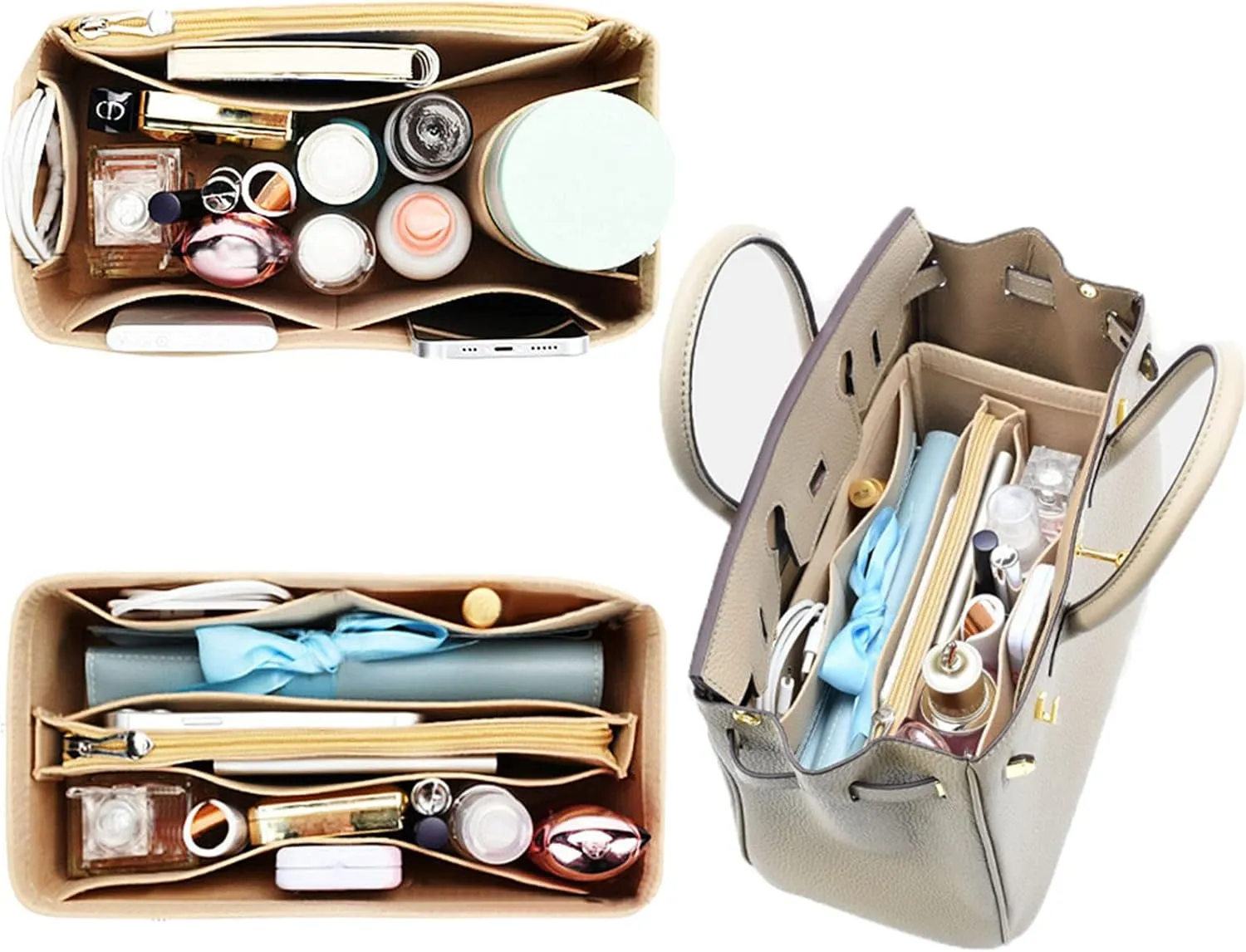 Lckaey Purse Organizer for Hermes birkin 25 bags Felt organizer insert Y013beige-S