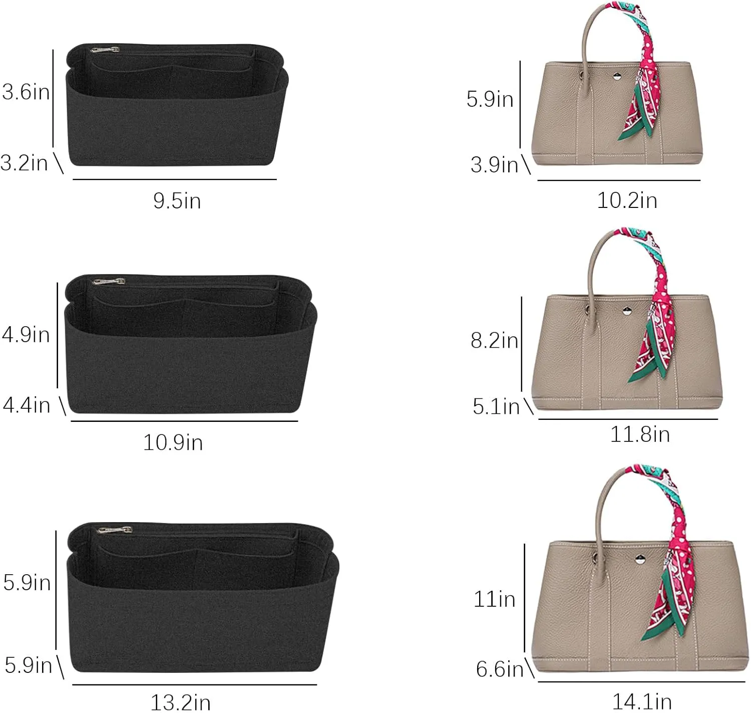 Lckaey tote bag organizer for hermes garden party Purse 30 Handbag Felt insert Y085black-M