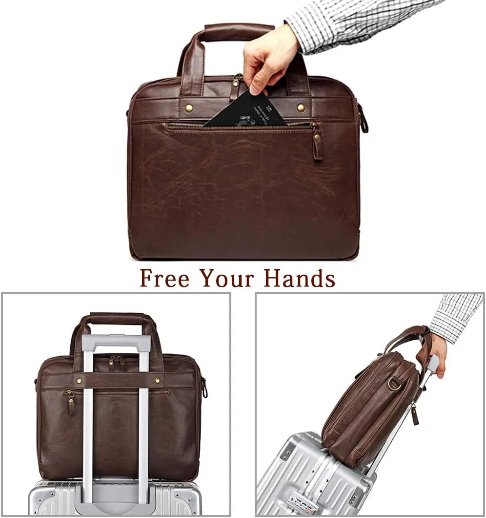 Leather Briefcases for Men 15.6 Inch Laptop Messenger Bag with Triple Compartments Water-Resistant Computer Shoulder Bag for Business, Travel, Work, Office, Brown