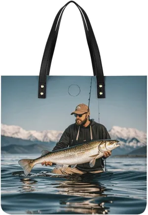 Leather Handbag for Women Tote Bag with Magnetic Buckle Bass Fishing Wave Crossbody Bag Shoulder Bags