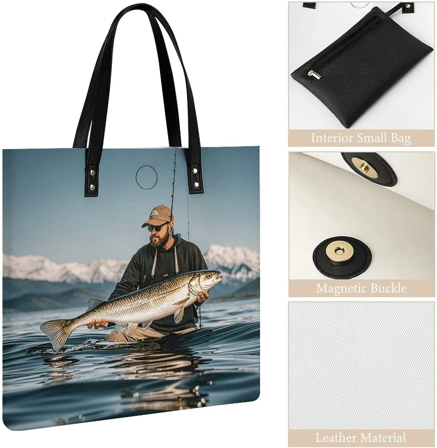 Leather Handbag for Women Tote Bag with Magnetic Buckle Bass Fishing Wave Crossbody Bag Shoulder Bags