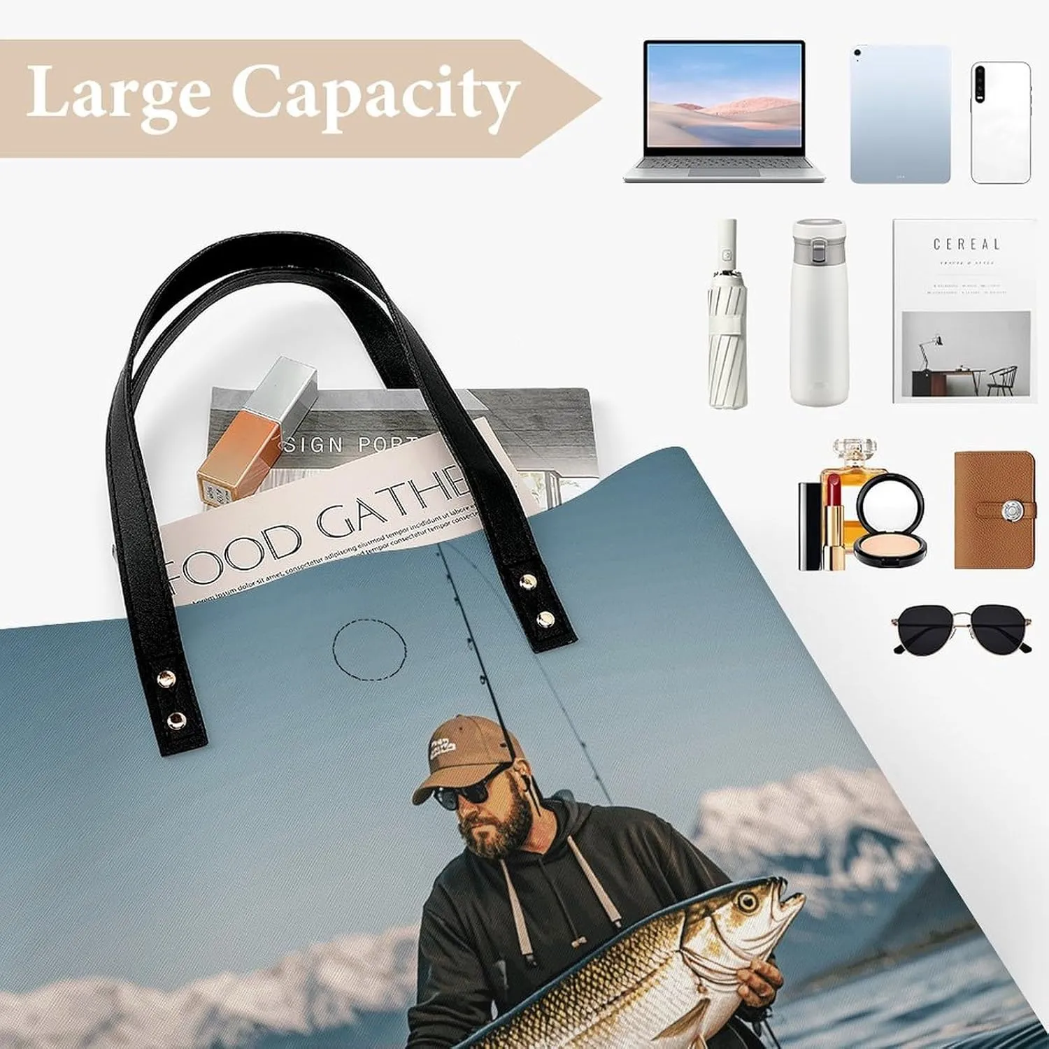 Leather Handbag for Women Tote Bag with Magnetic Buckle Bass Fishing Wave Crossbody Bag Shoulder Bags