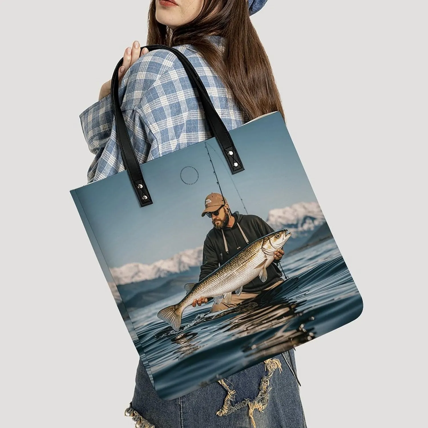 Leather Handbag for Women Tote Bag with Magnetic Buckle Bass Fishing Wave Crossbody Bag Shoulder Bags
