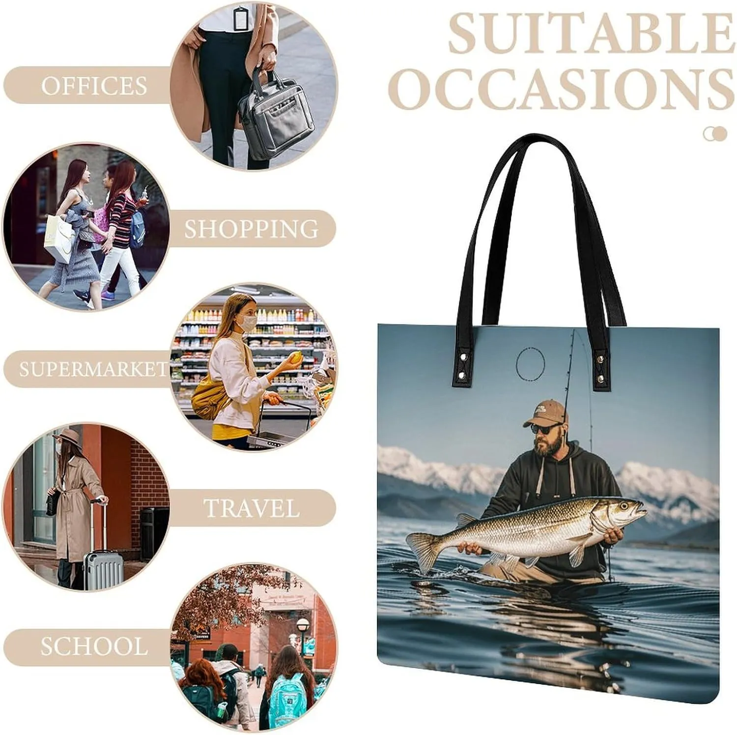 Leather Handbag for Women Tote Bag with Magnetic Buckle Bass Fishing Wave Crossbody Bag Shoulder Bags