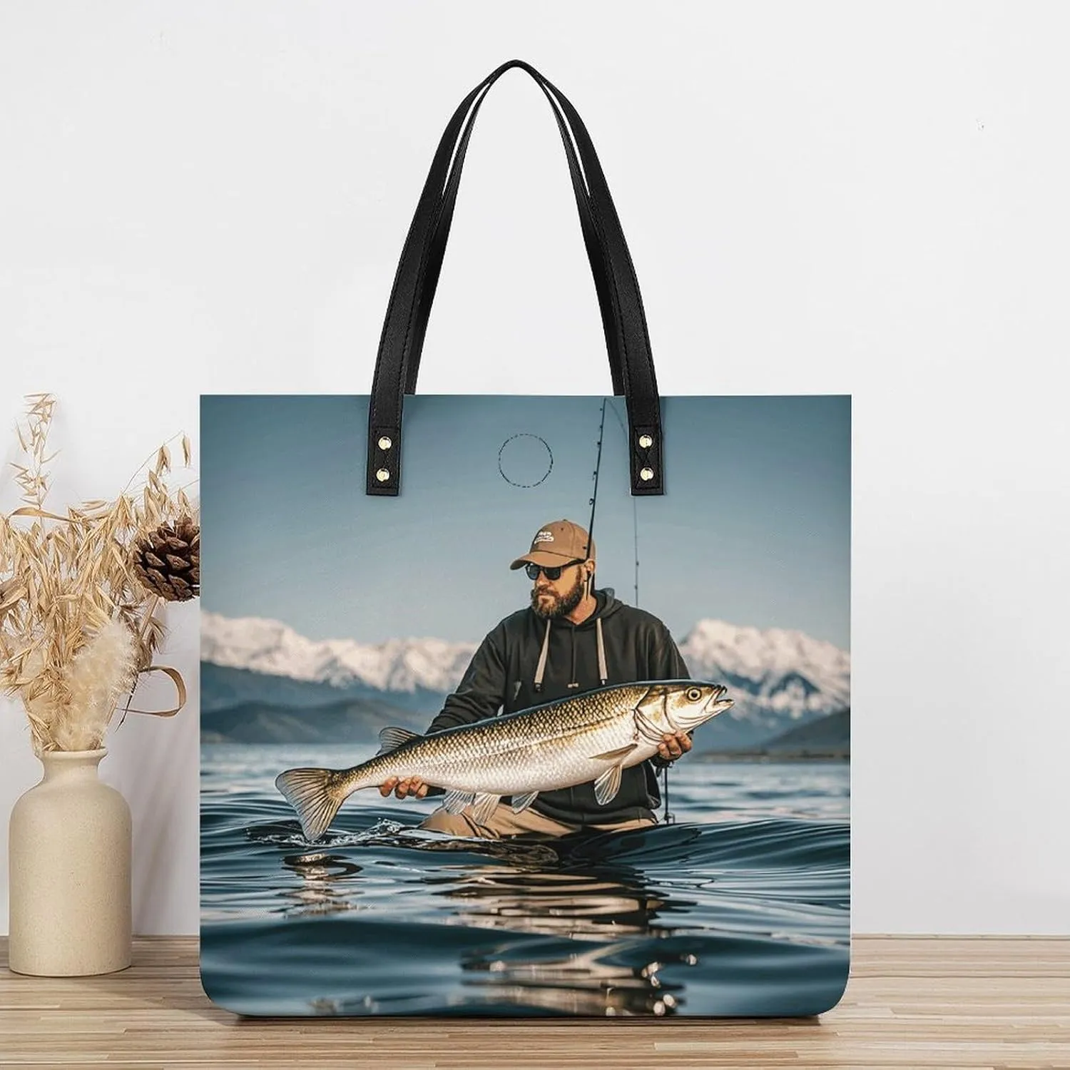 Leather Handbag for Women Tote Bag with Magnetic Buckle Bass Fishing Wave Crossbody Bag Shoulder Bags