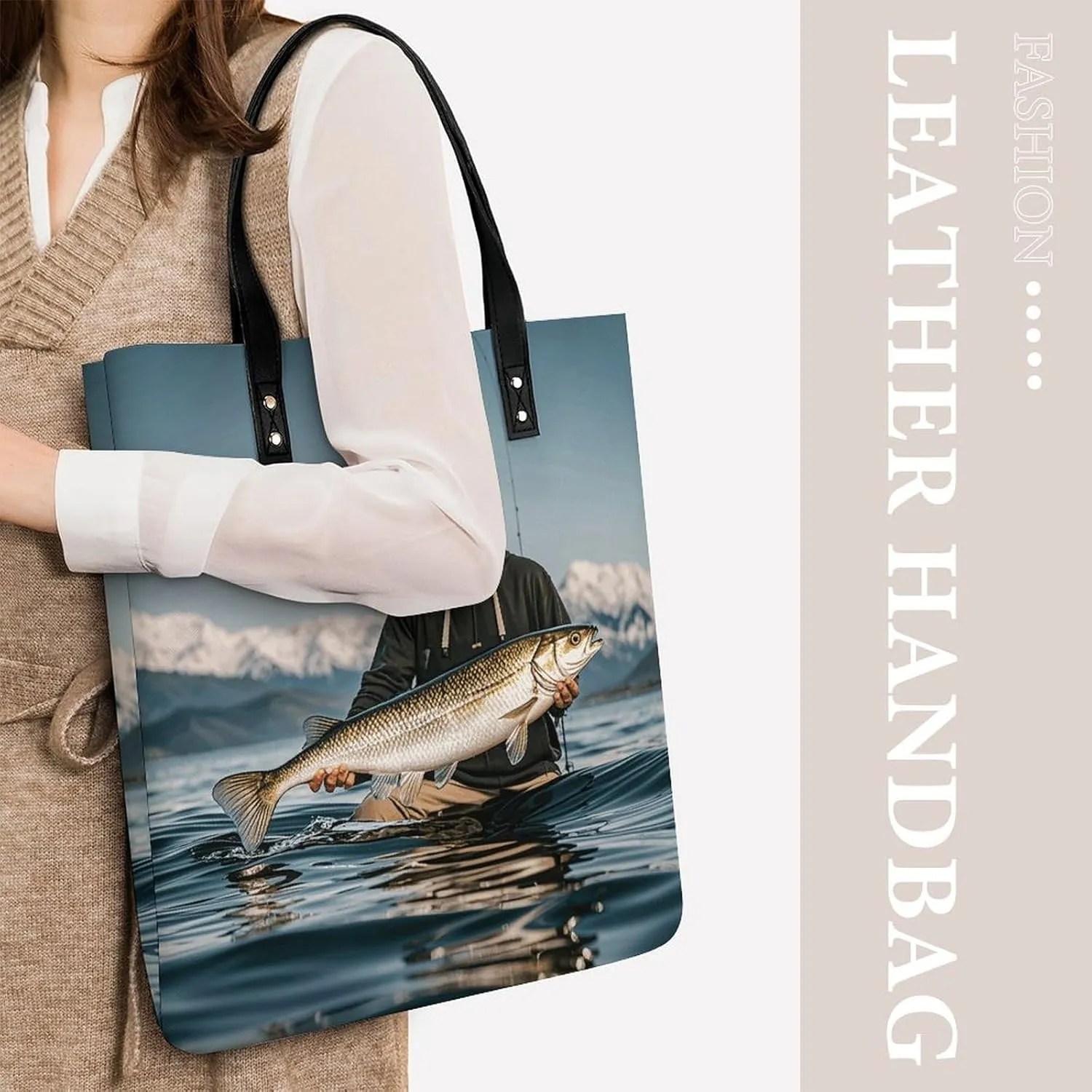 Leather Handbag for Women Tote Bag with Magnetic Buckle Bass Fishing Wave Crossbody Bag Shoulder Bags