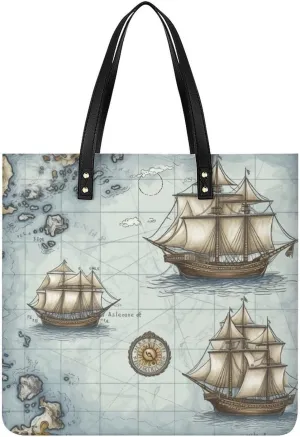 Leather Handbag for Women Tote Bag with Magnetic Buckle Boat Map Crossbody Bag Shoulder Bag