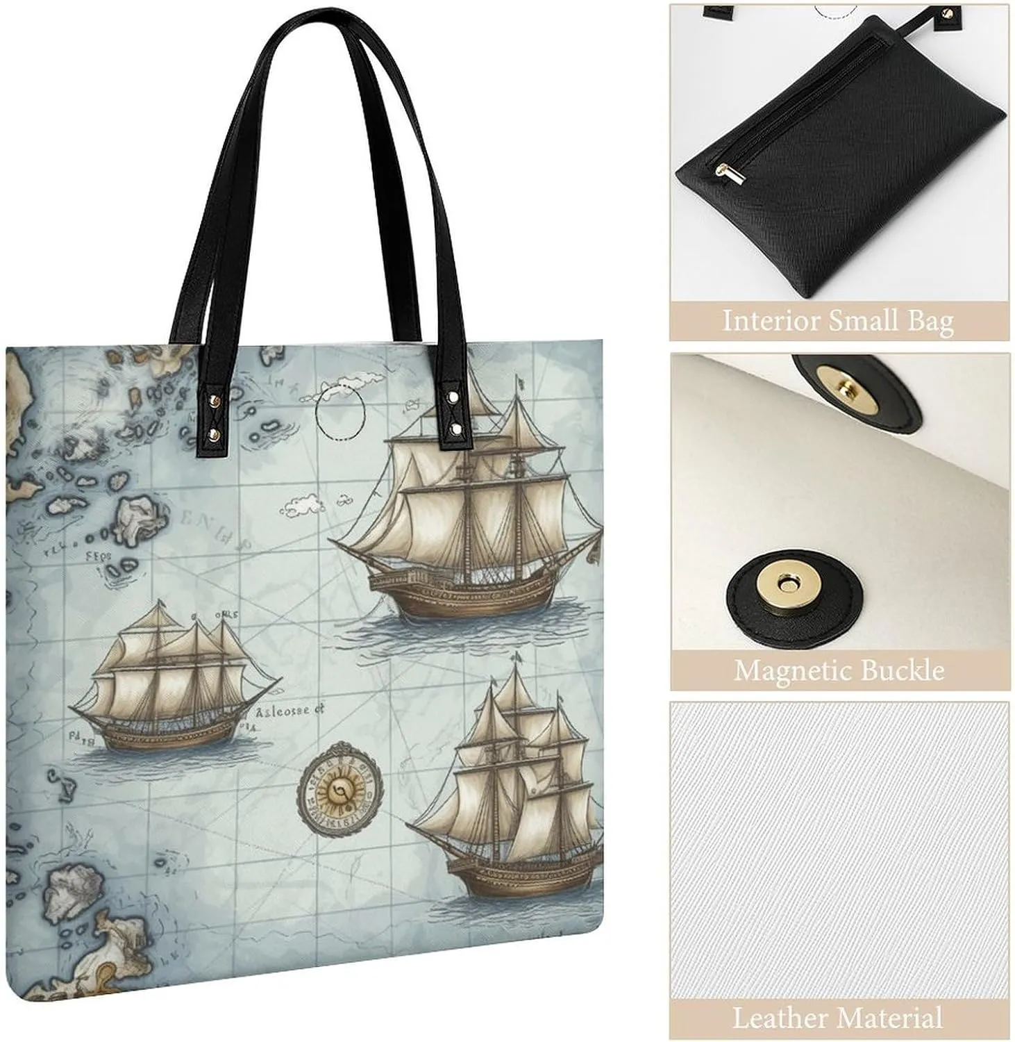 Leather Handbag for Women Tote Bag with Magnetic Buckle Boat Map Crossbody Bag Shoulder Bag