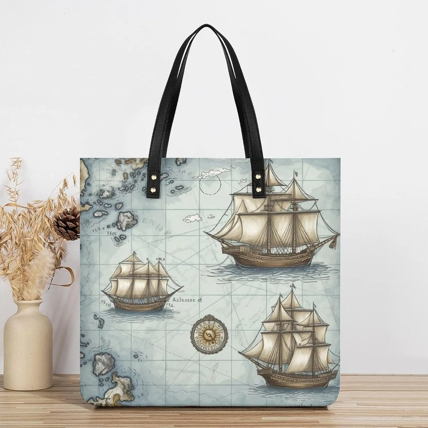 Leather Handbag for Women Tote Bag with Magnetic Buckle Boat Map Crossbody Bag Shoulder Bag