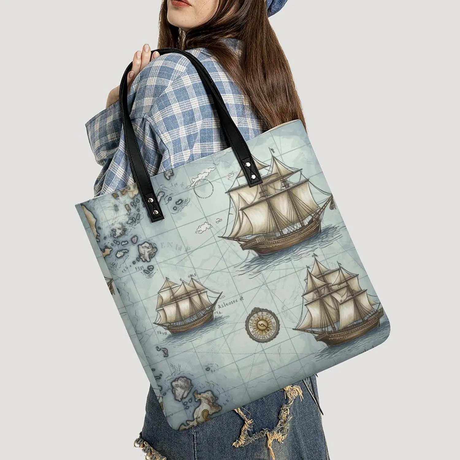 Leather Handbag for Women Tote Bag with Magnetic Buckle Boat Map Crossbody Bag Shoulder Bag