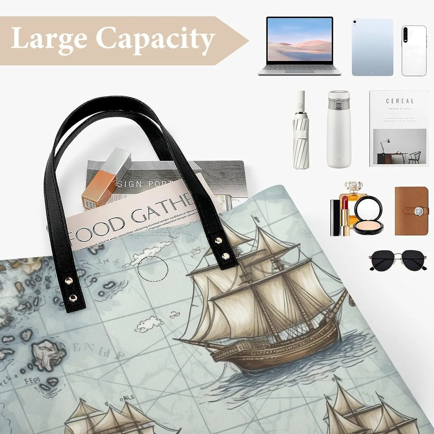Leather Handbag for Women Tote Bag with Magnetic Buckle Boat Map Crossbody Bag Shoulder Bag