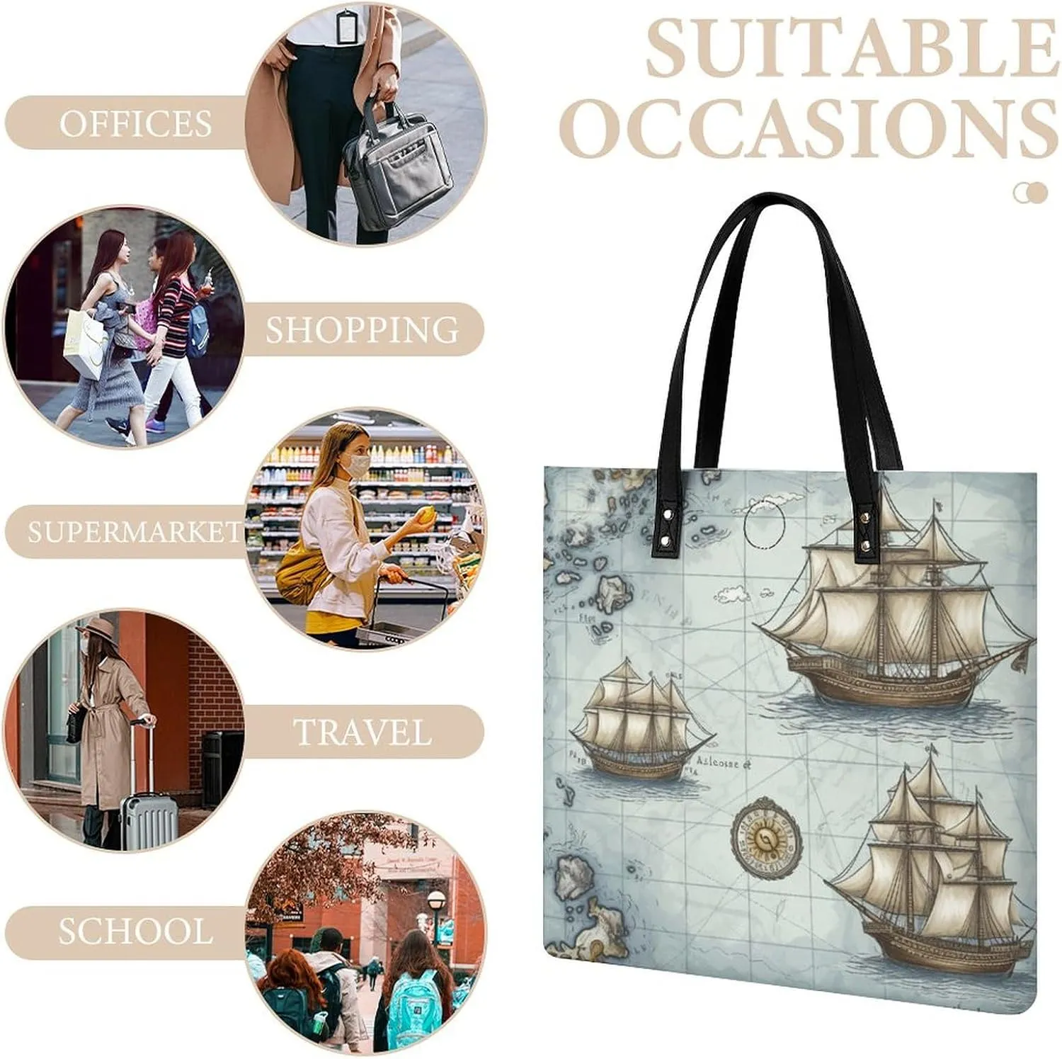 Leather Handbag for Women Tote Bag with Magnetic Buckle Boat Map Crossbody Bag Shoulder Bag