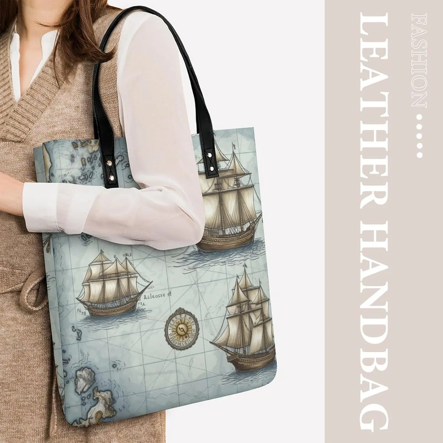 Leather Handbag for Women Tote Bag with Magnetic Buckle Boat Map Crossbody Bag Shoulder Bag