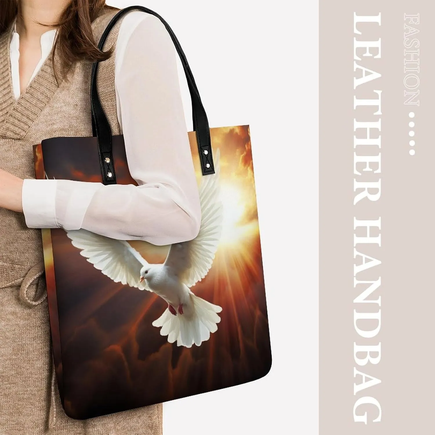 Leather Handbag for Women Tote Bag with Magnetic Buckle Dove Sun Art Crossbody Bag Shoulder Bags