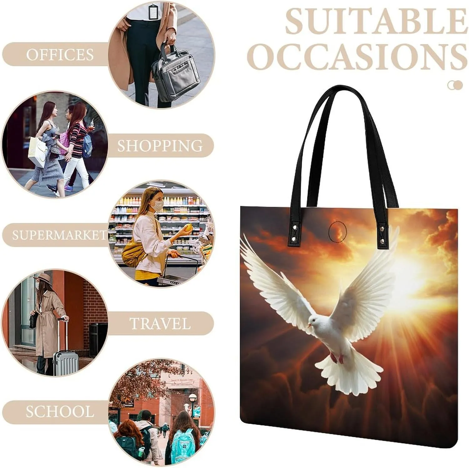Leather Handbag for Women Tote Bag with Magnetic Buckle Dove Sun Art Crossbody Bag Shoulder Bags