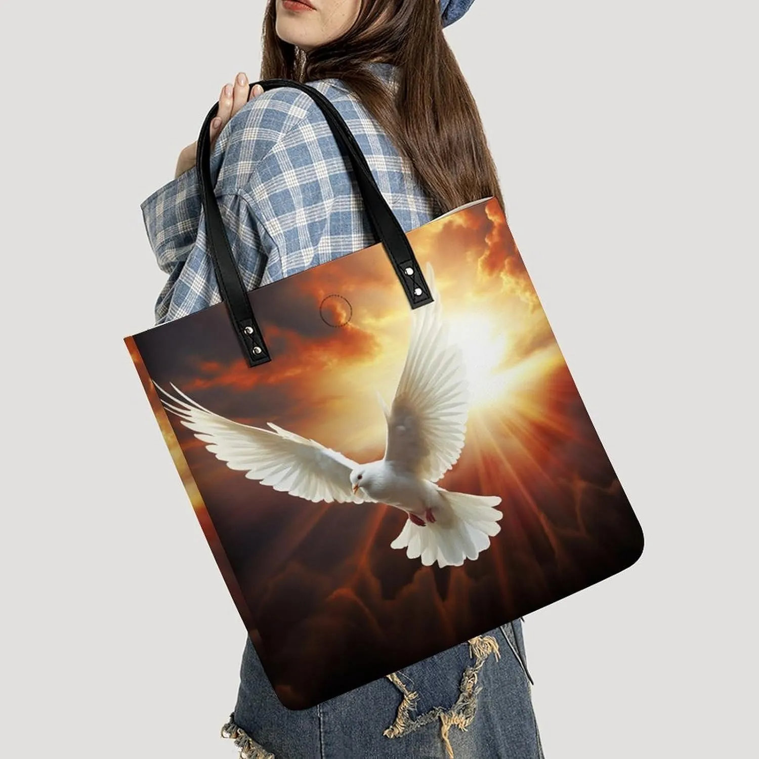Leather Handbag for Women Tote Bag with Magnetic Buckle Dove Sun Art Crossbody Bag Shoulder Bags