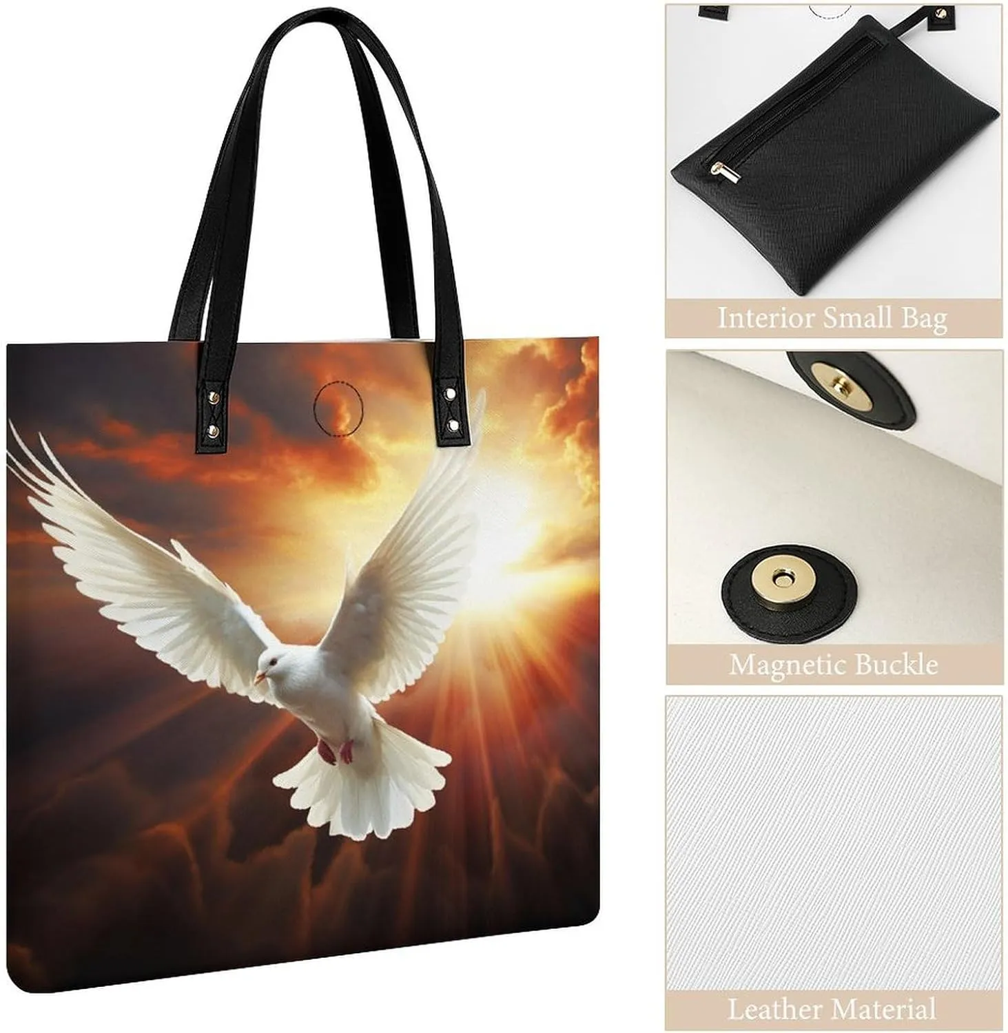 Leather Handbag for Women Tote Bag with Magnetic Buckle Dove Sun Art Crossbody Bag Shoulder Bags