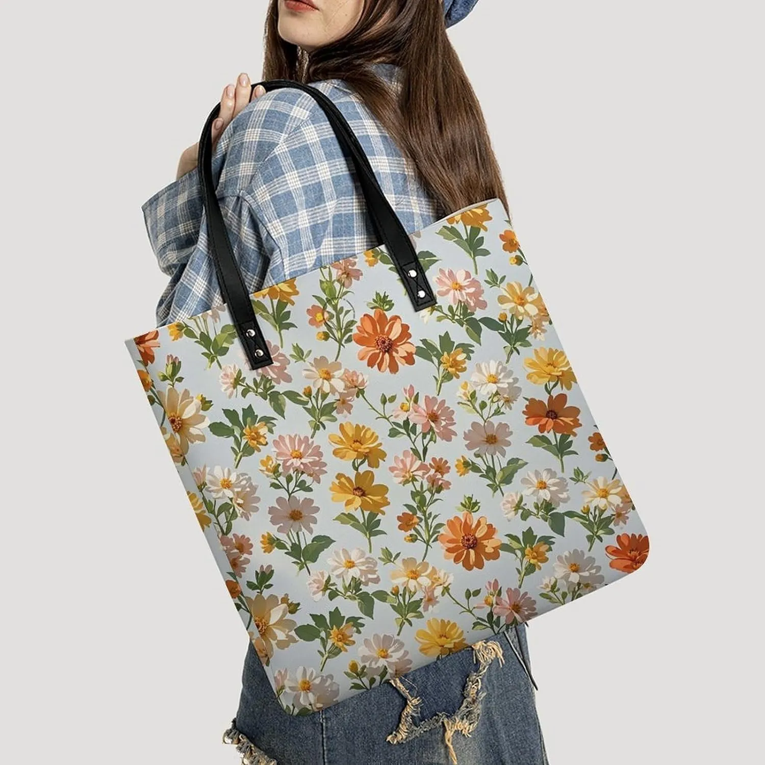 Leather Handbag for Women Tote Bag with Magnetic Buckle Flower Crossbody Bag Shoulder Bags