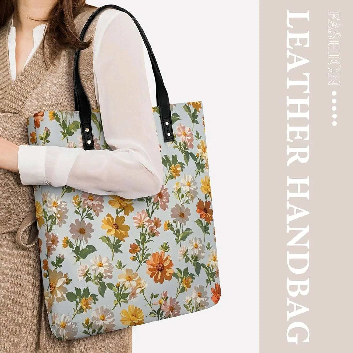 Leather Handbag for Women Tote Bag with Magnetic Buckle Flower Crossbody Bag Shoulder Bags