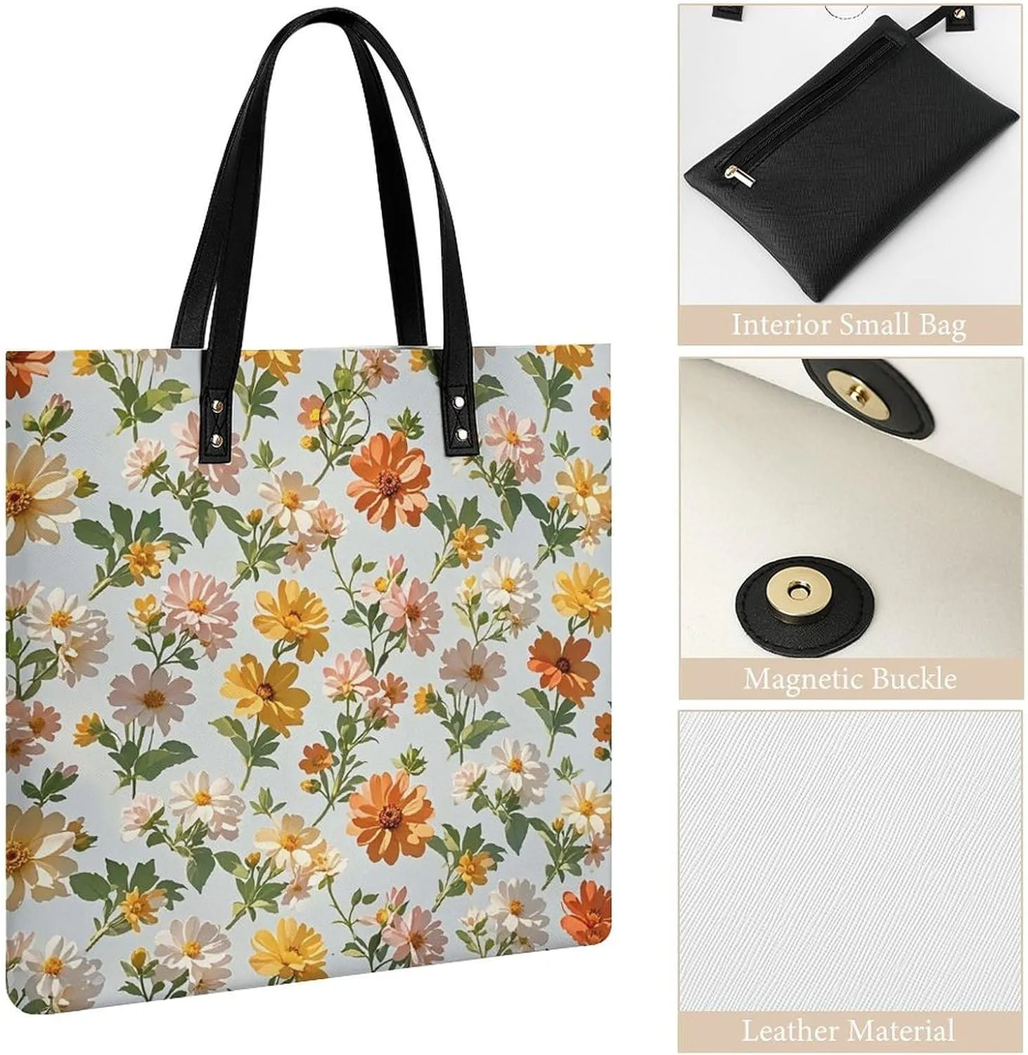 Leather Handbag for Women Tote Bag with Magnetic Buckle Flower Crossbody Bag Shoulder Bags