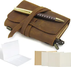 Leather Pocket Notebook - Small Refillable Travelers Journal for Men and Women, Handmade Passport Size Notebook, Diary or Sketchbook for Traveling - Ideal for Writing & Daily Planner 5.4x4.3"