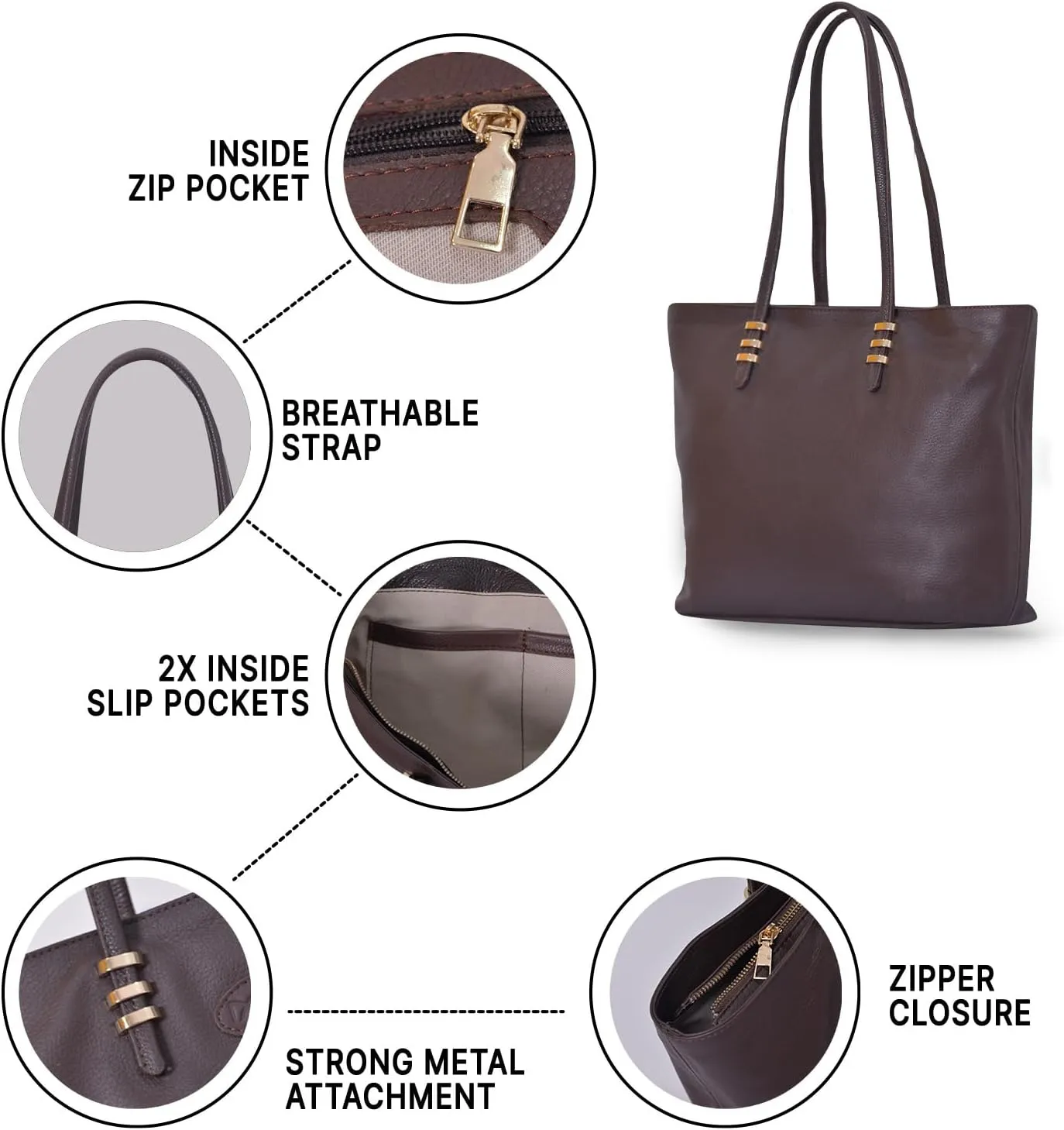 Leather Tote Shoulder Bag for Women - Cow Skin Leather, Large Compartment, Multiple Pockets, Strong Metal Zipper
