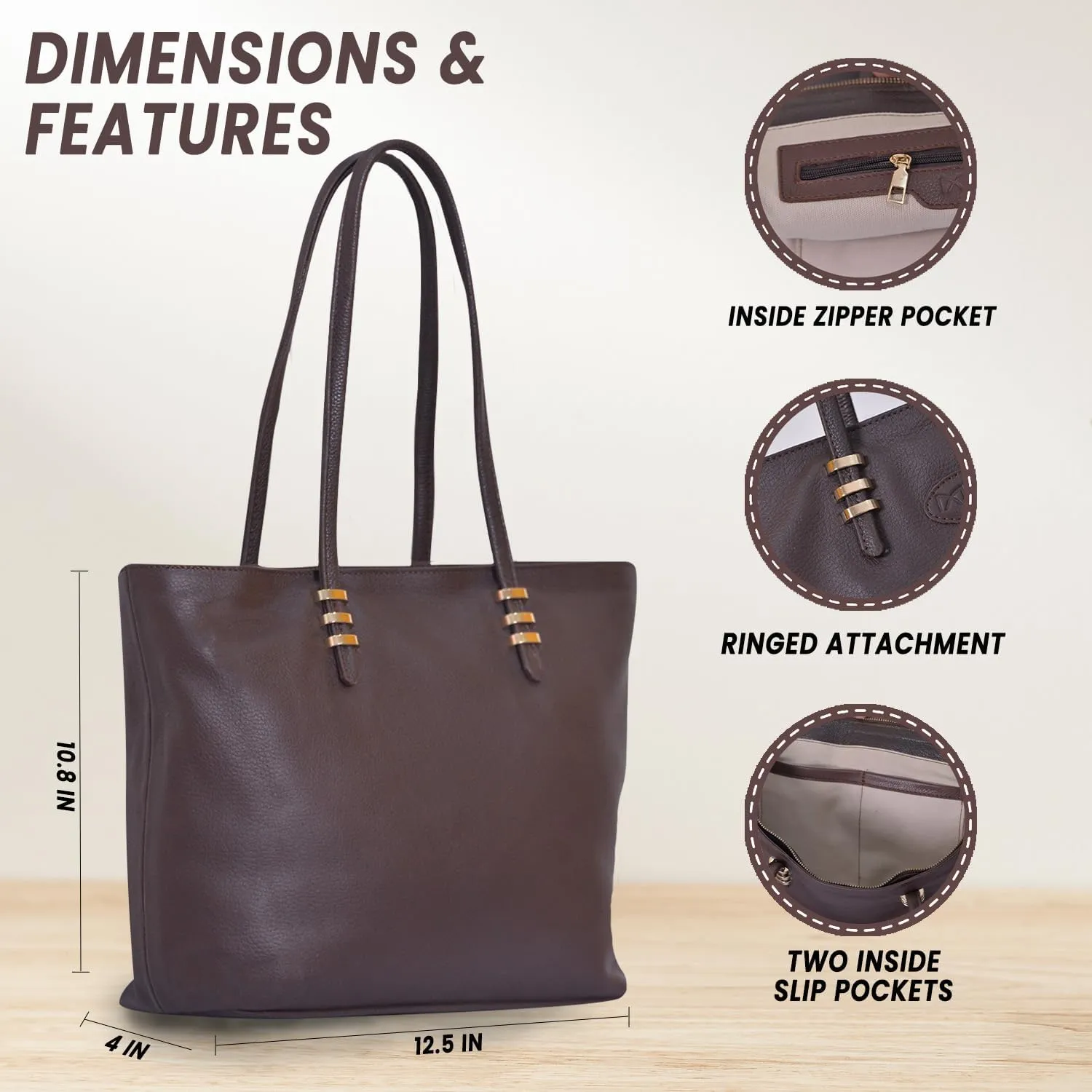Leather Tote Shoulder Bag for Women - Cow Skin Leather, Large Compartment, Multiple Pockets, Strong Metal Zipper