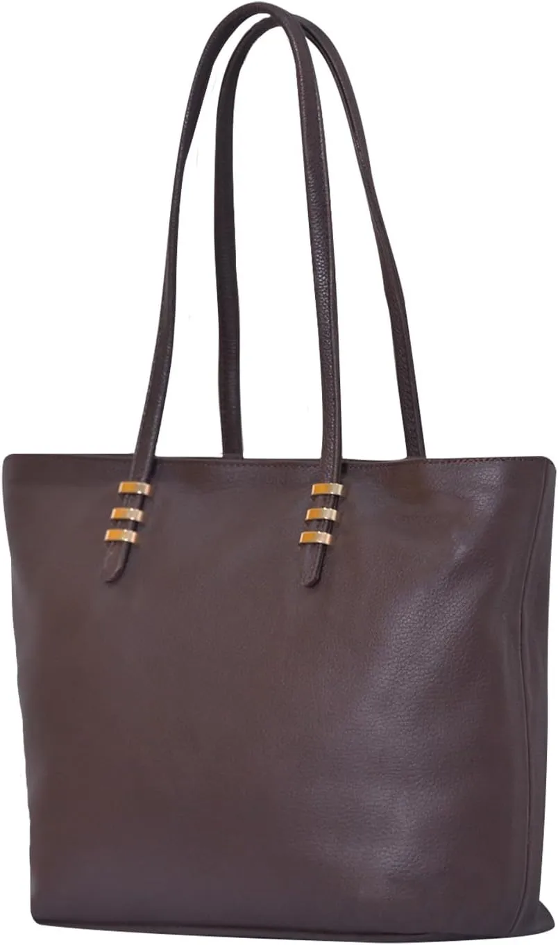 Leather Tote Shoulder Bag for Women - Cow Skin Leather, Large Compartment, Multiple Pockets, Strong Metal Zipper