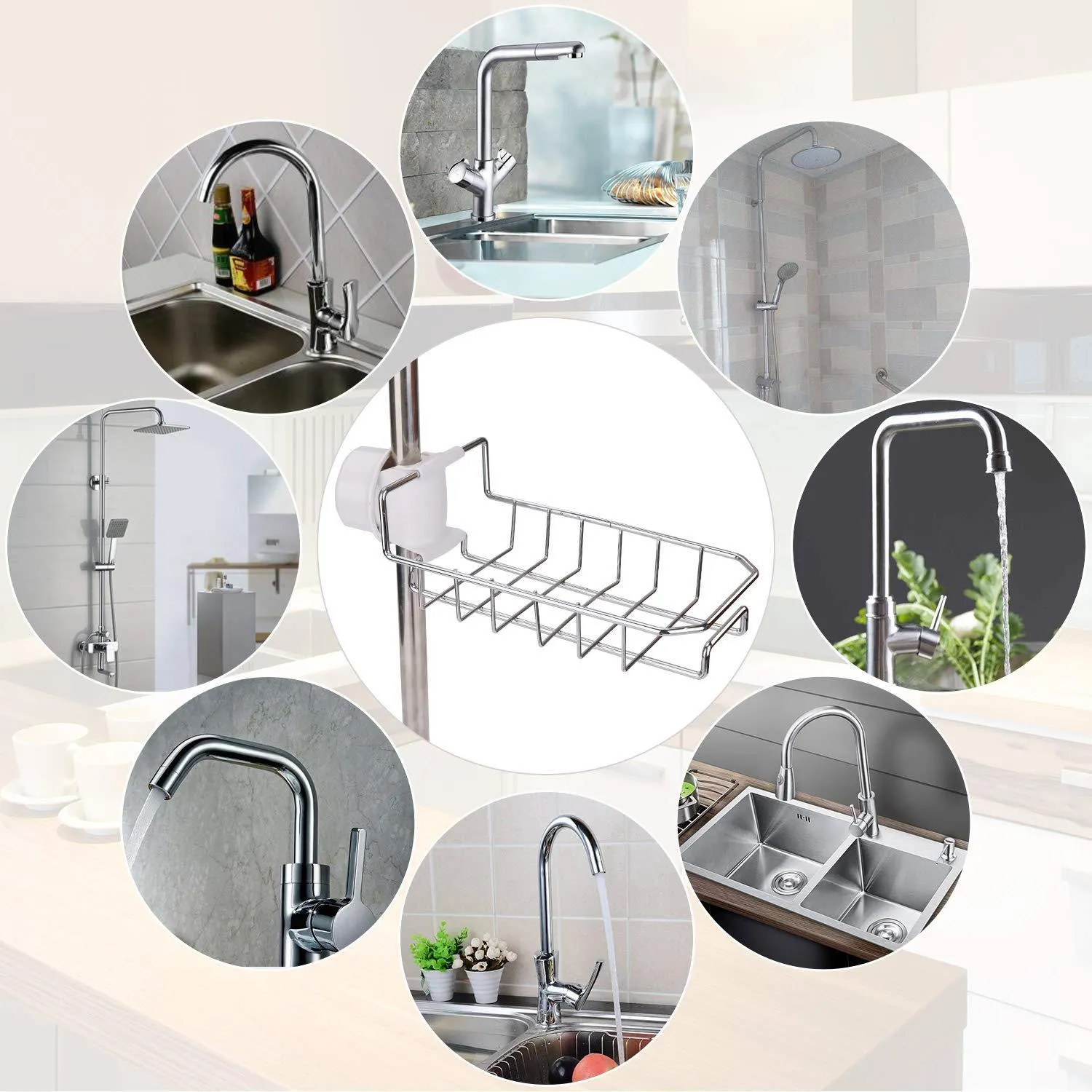 LEEFE 2Pcs Kitchen Faucet Sponge Holder, Stainless Steel Storage Rack Hanging Sink Caddy Organizer for Scrubbers, Soap, Bathroom | Detachable No Suction Cup or Magnet No Drilling