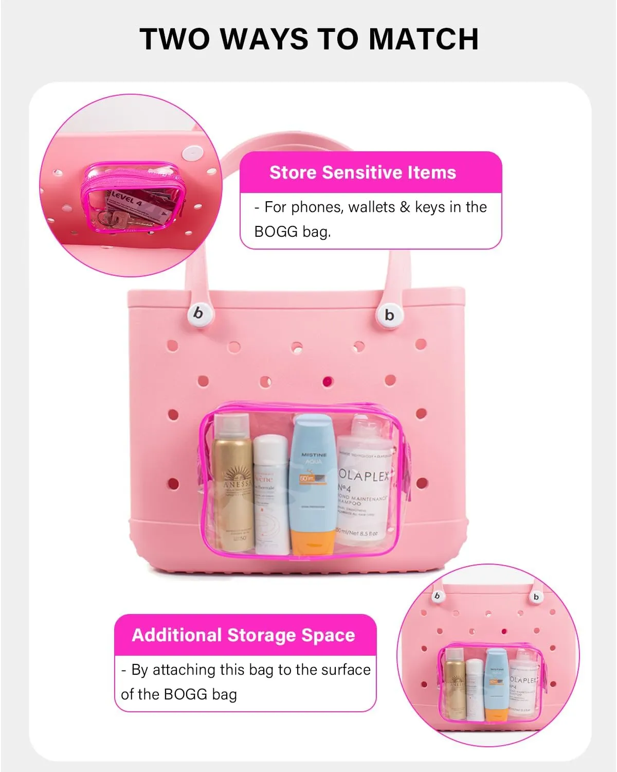 LETGO 4 Packs Clear Bogg Beach Tote Bag with 4 Insert Hooks Accessories for Bogg Bags Travel Makeup Clean Toiletry Brush Organizer Cosmetic Divider Storage Inner Pouchs (Clear Pink)