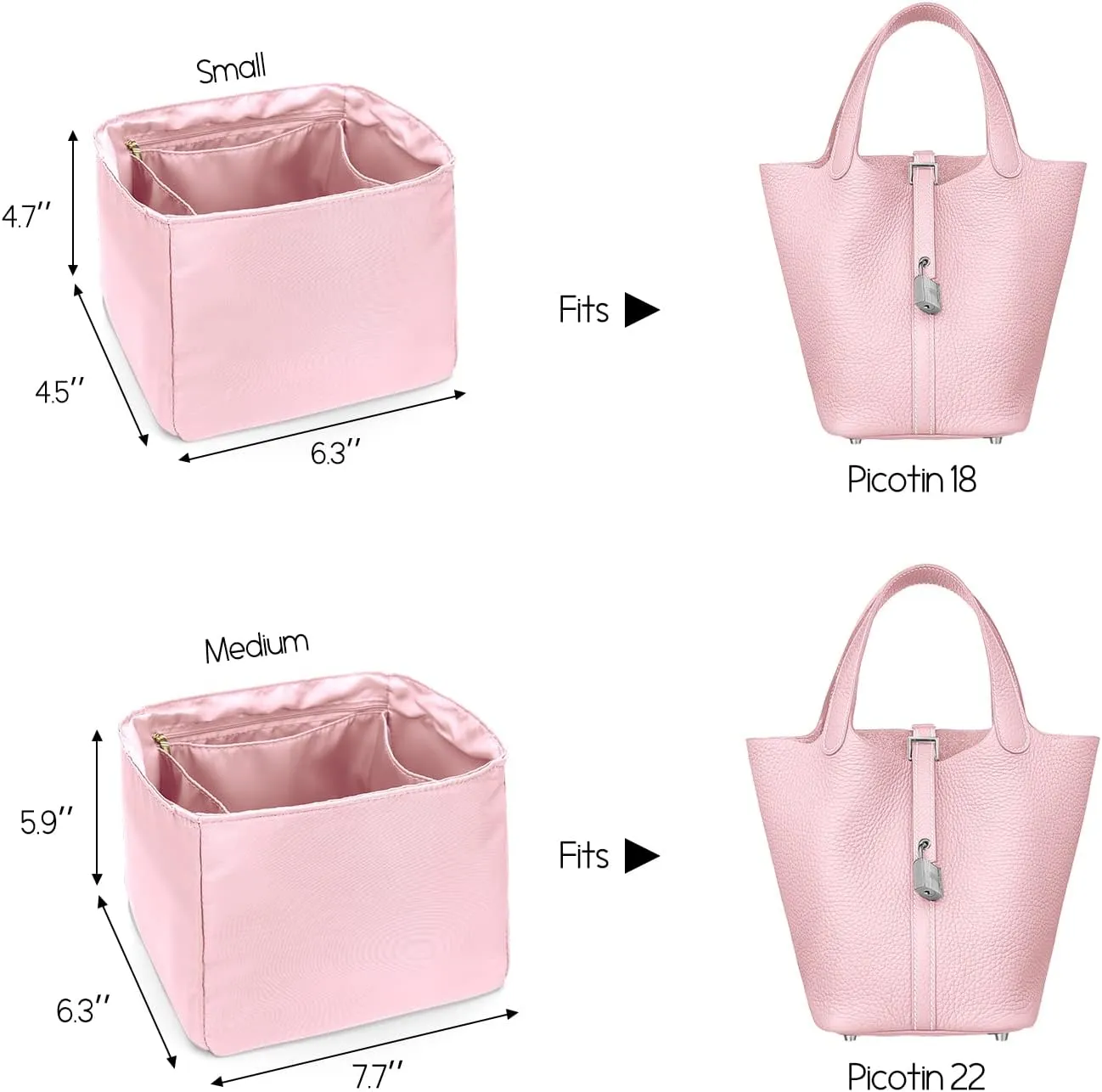 LEXSION Silky Handbag Organizer Fits Picotin 18/22 Bags,Purse Organizer Insert Luxury Zipper Purse Tote Bag Shapers 8038 Pink M