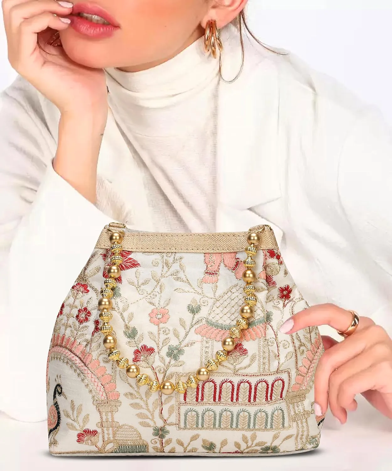 LONGING TO BUY Indian Ethnic Designer Embroidered Silk Potli Bag Batwa Pearls Handle Purse