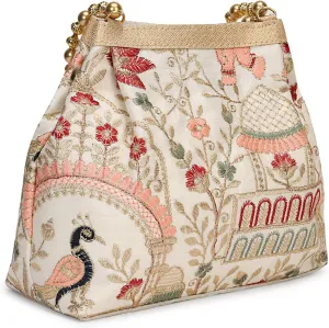 LONGING TO BUY Indian Ethnic Designer Embroidered Silk Potli Bag Batwa Pearls Handle Purse