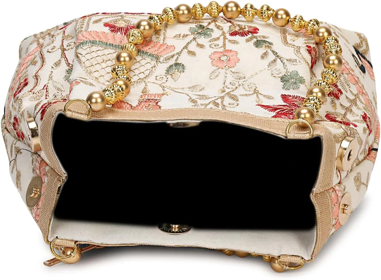 LONGING TO BUY Indian Ethnic Designer Embroidered Silk Potli Bag Batwa Pearls Handle Purse