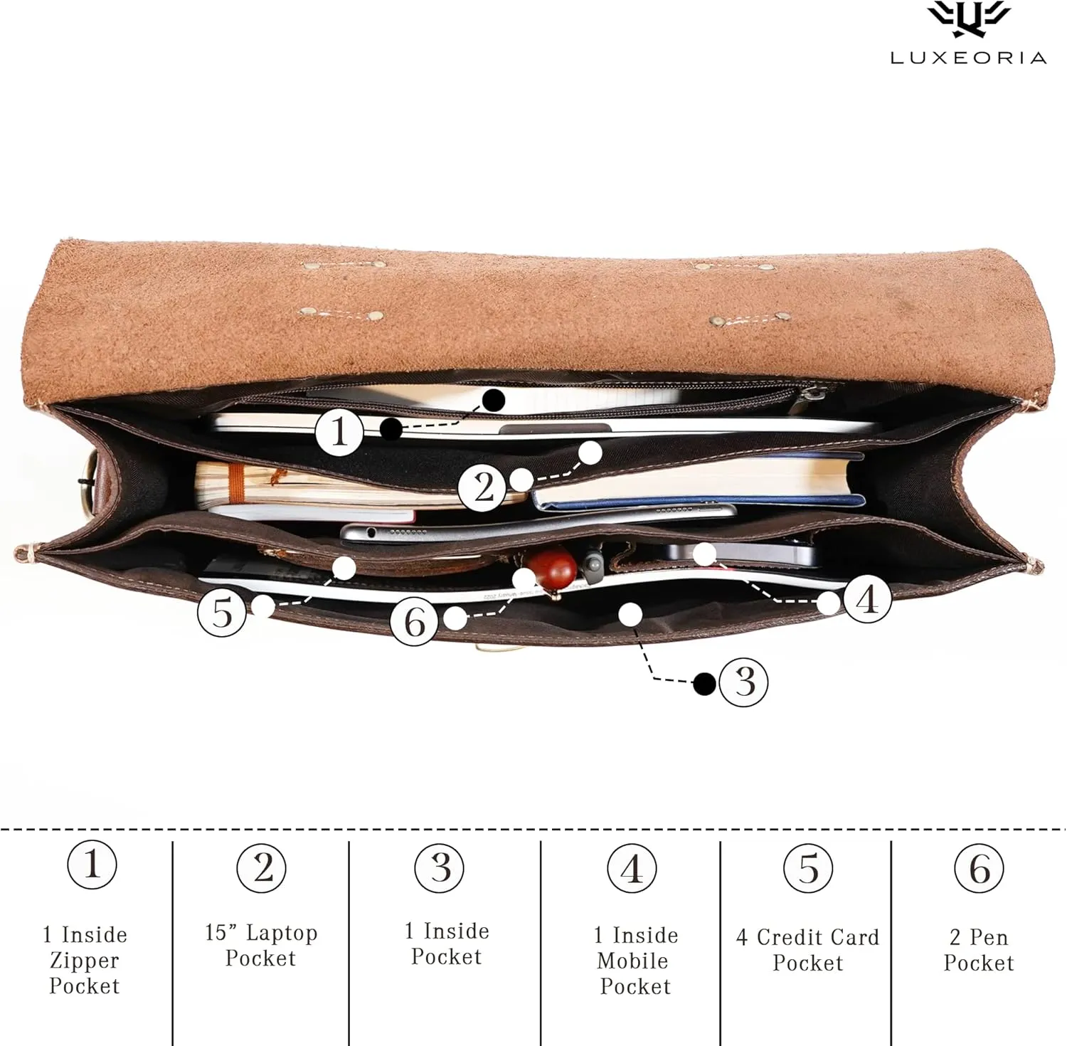 LUXEORIA Leather Messenger Bag for Men & Women, Over the Shoulder Bag for Women Crossbody & Mens Briefcase Office Bag