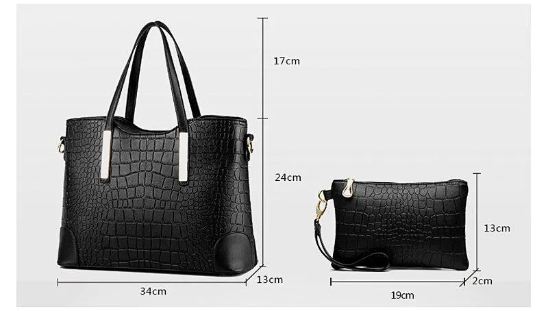 Luxury Designer Black Croc Tote 2 In 1 Handbag