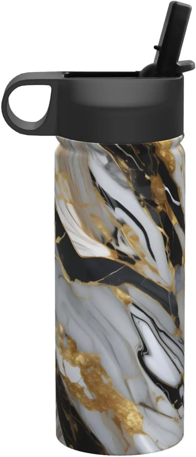 luxury Marble pattern Print Flask Stainless Steel Water Bottle with Straw 18OZ FOR Outdoor Gym Commute