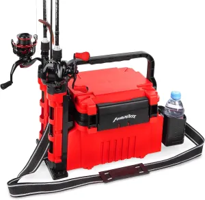 MadBite RigHub Portable Tackle Storage Box, 3 Tackle Storage Compartments, Adjustable Rod Holder, Cup Holder, Removable Dividers, Ideal for Fishing Lures and Gear Storage, Kayak Fishing, Ice Fishing